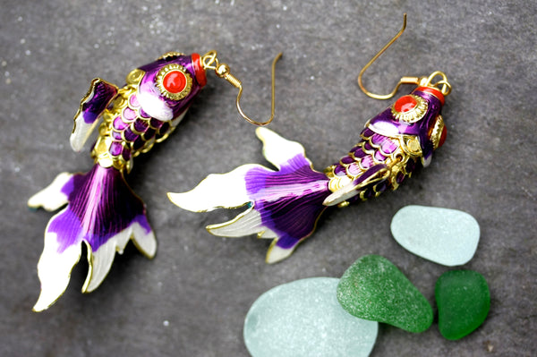 Fish Playing with Lotus 2024 Water Drop Purple Diamond Fringe Earrings