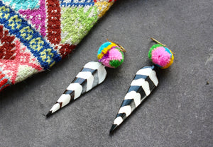 Batik Stripe Pom Pom Earrings